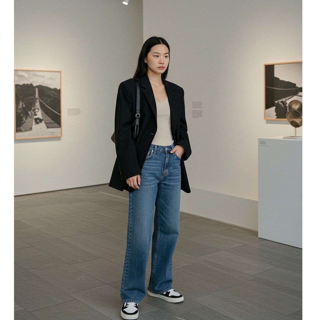 Phối áo vest đen với quần jean ống rộng