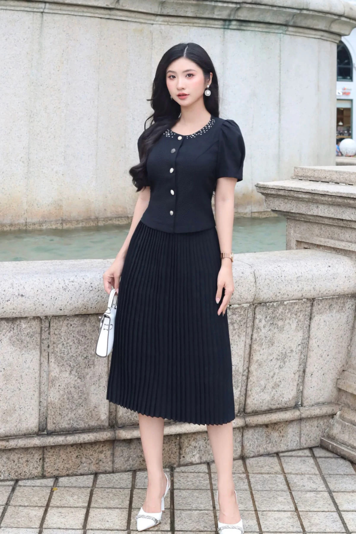 chân váy xòe công sở dập ly