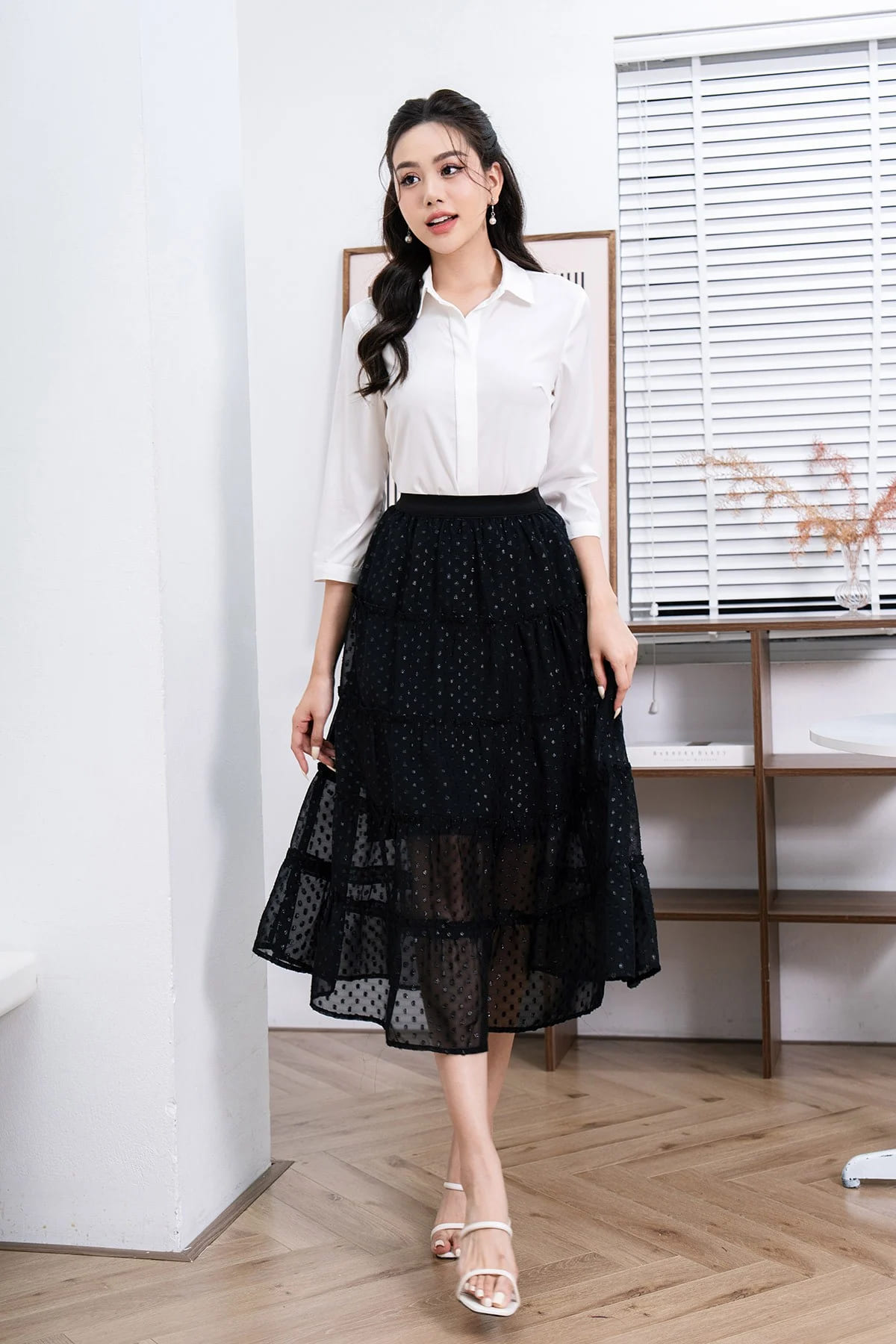 chân váy xòe công sở nhún bèo
