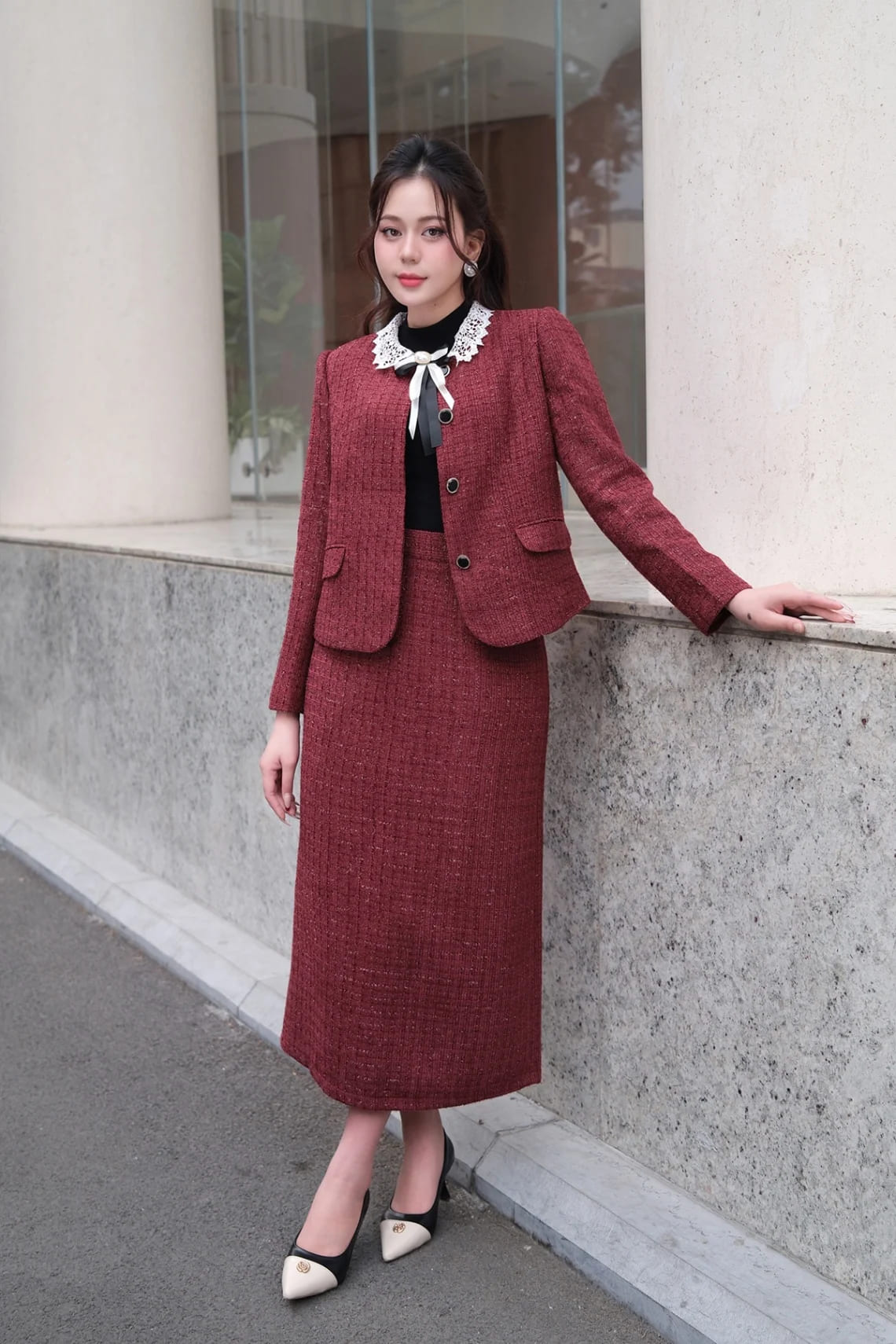 chân váy dài chất liệu dạ tweed