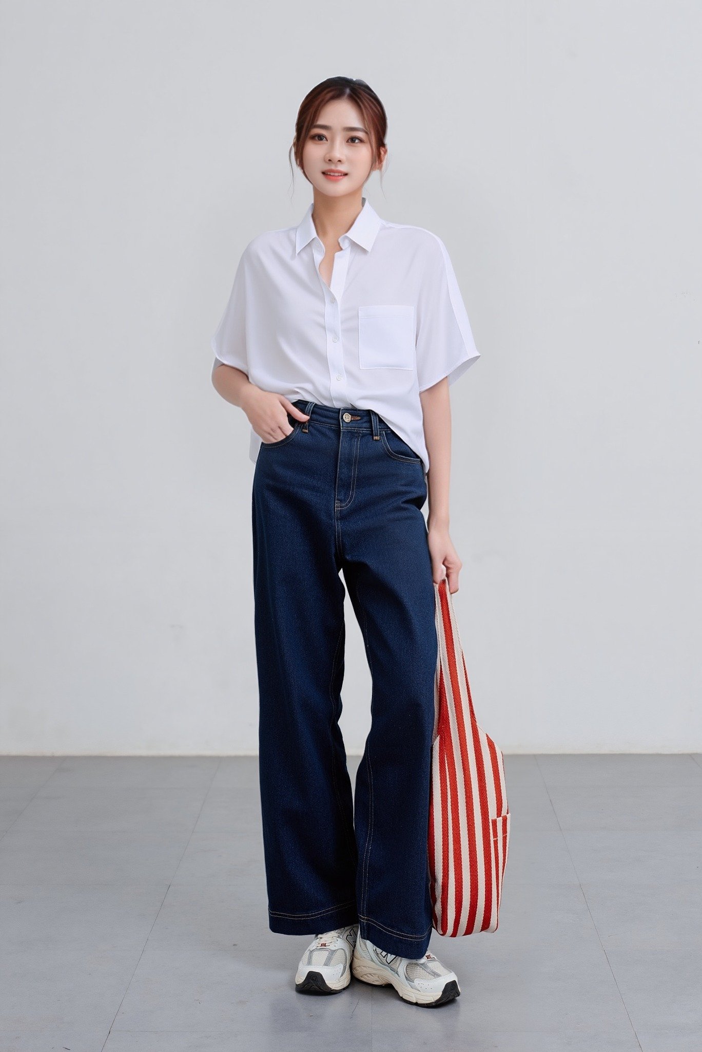 Áo sơ mi trắng tay ngắn phối quần jean