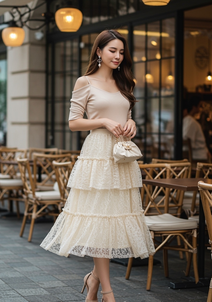 Outfit chân váy tầng ren