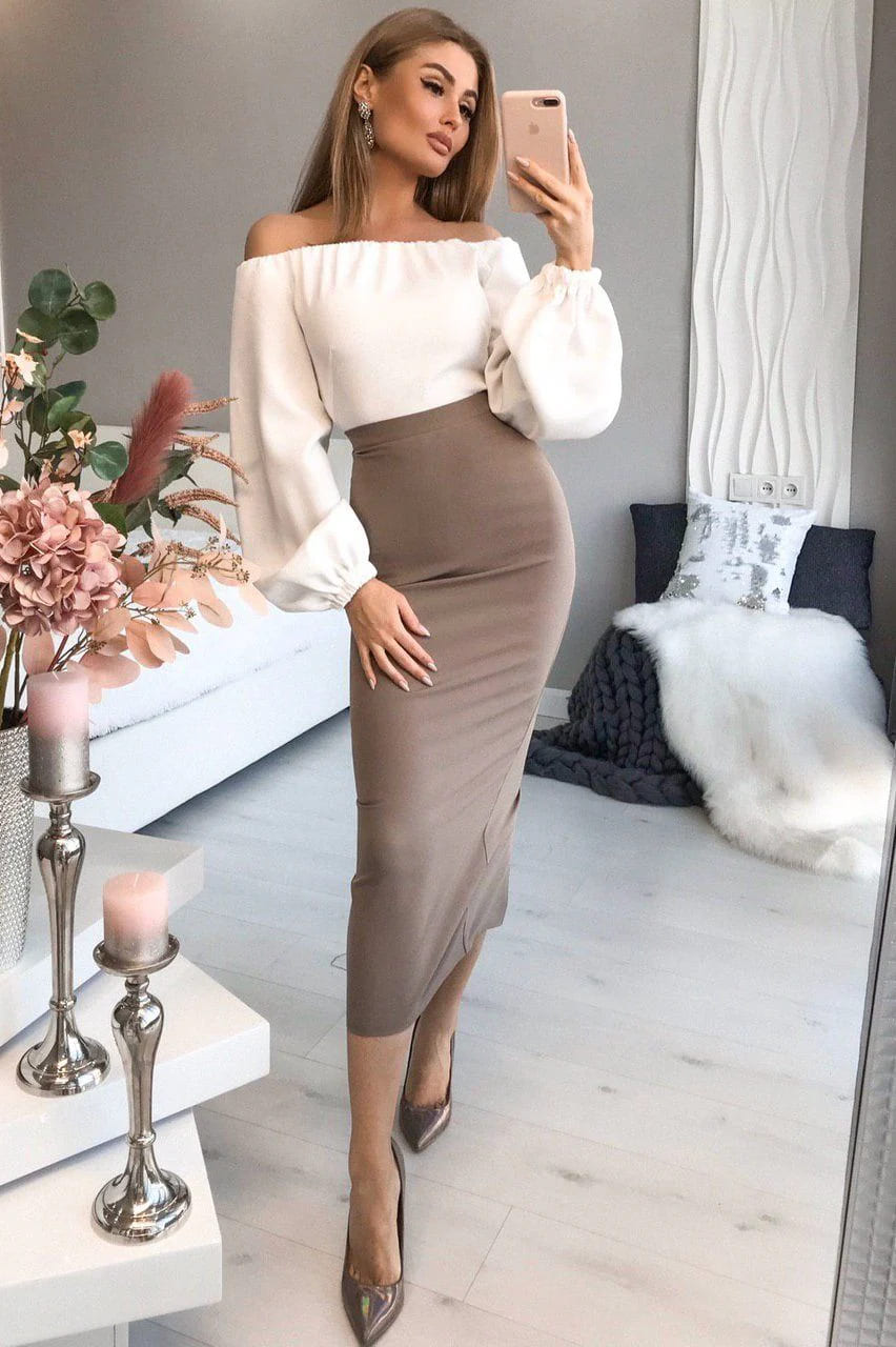 phối đồ chân váy ôm dài cùng áo hở vai