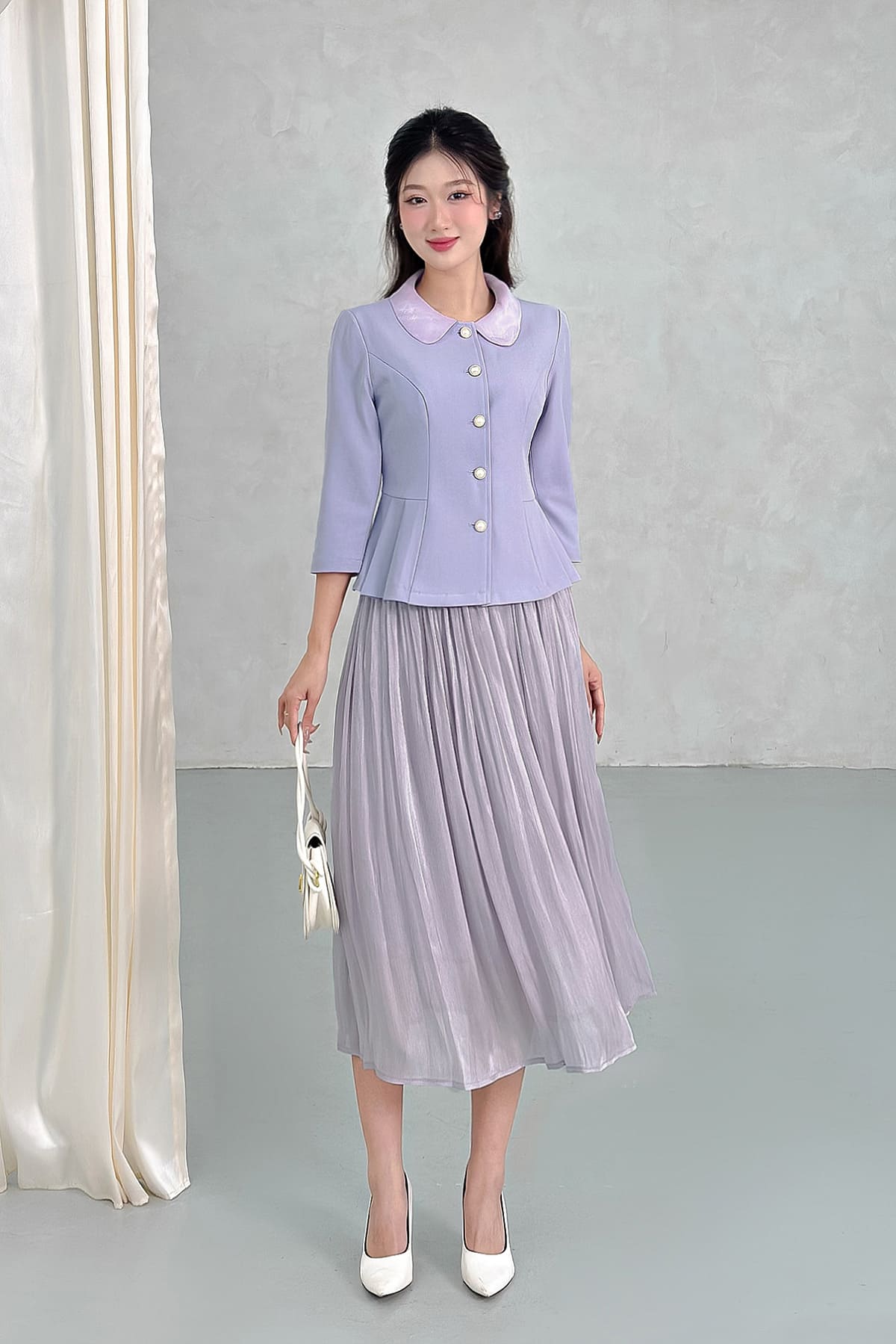 chân váy xòe voan tím phối áo peplum