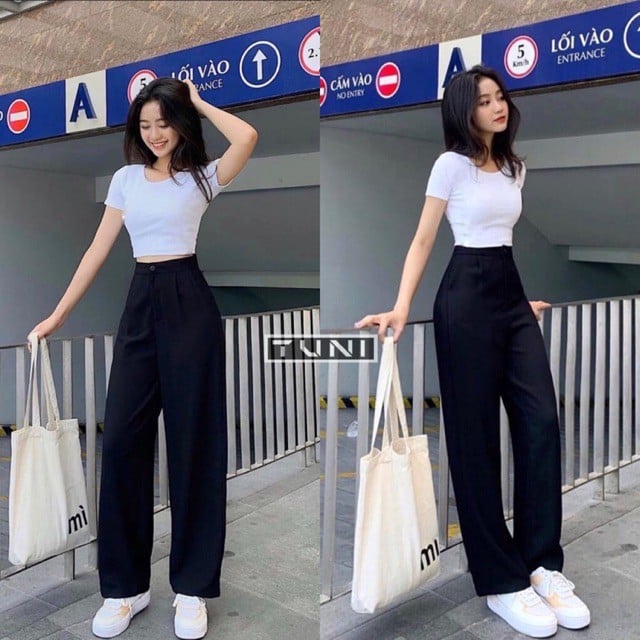 Phối đồ đi học cho sinh viên nữ : Quần ống rộng + áo croptop