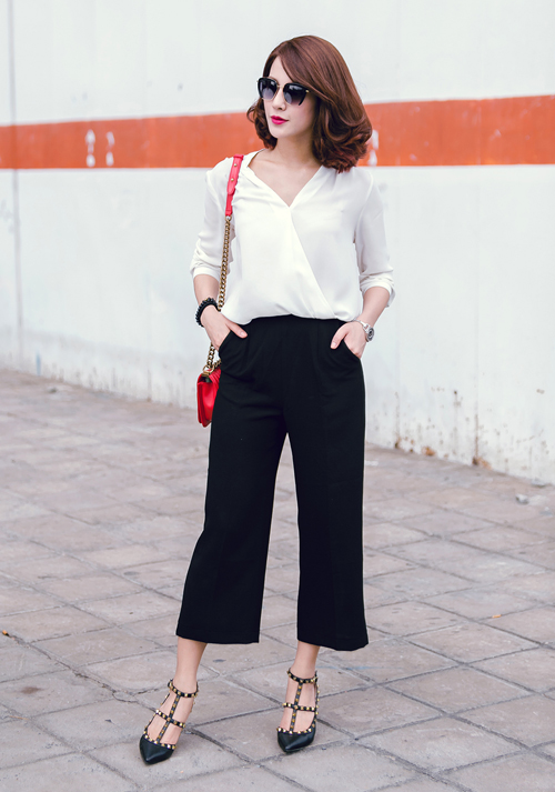 Phối quần culottes với áo sơ mi
