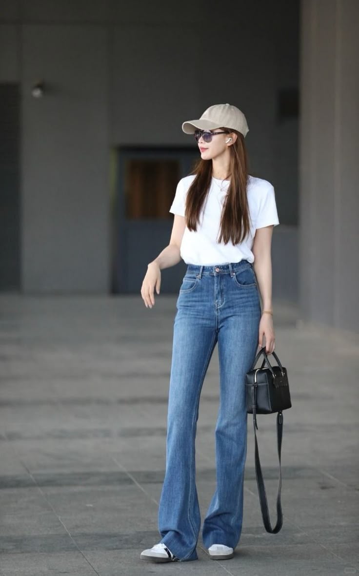 Quần jean ống suông phối áo thun