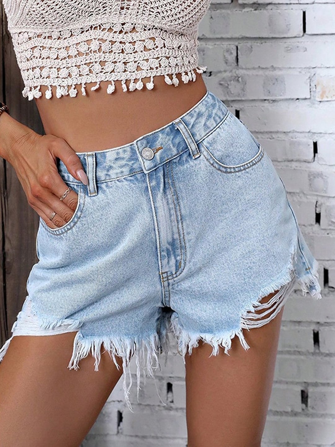 Quần short denim cạp cao phong cách