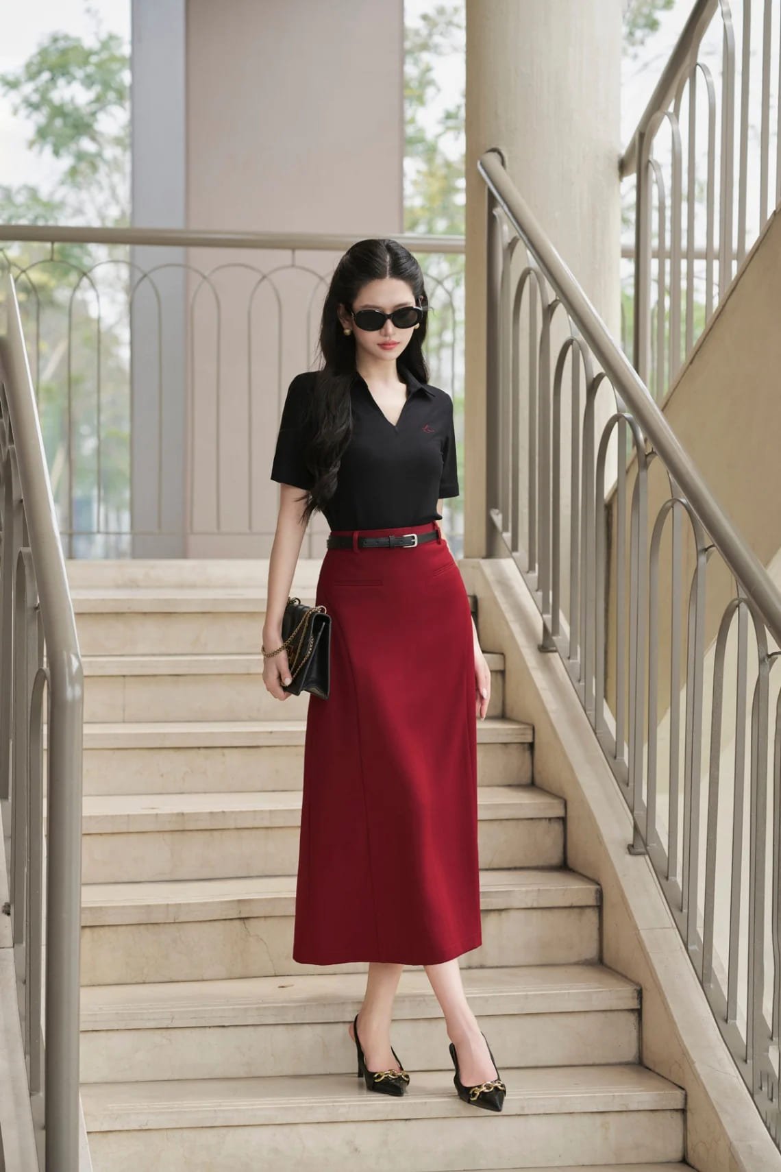 chân váy dài tone phối thắt lưng