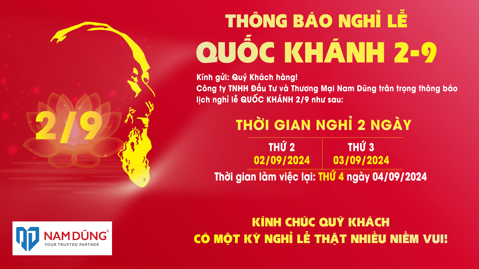 Thông báo về thời gian nghỉ lễ Quốc Khánh 2-9