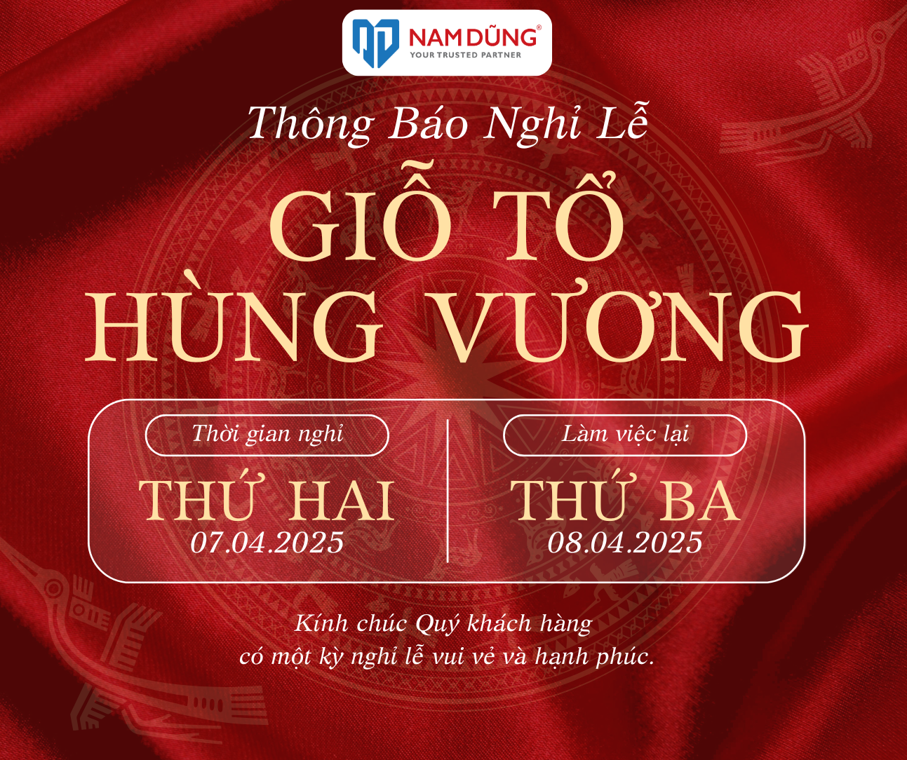 THÔNG BÁO LỊCH NGHỈ LỄ GIỖ TỔ HÙNG VƯƠNG 10/3(ÂL)