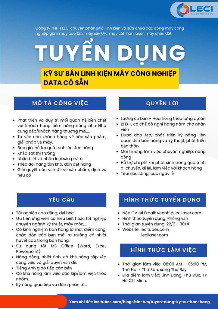 TUYỂN DỤNG KỸ SƯ BÁN HÀNG
