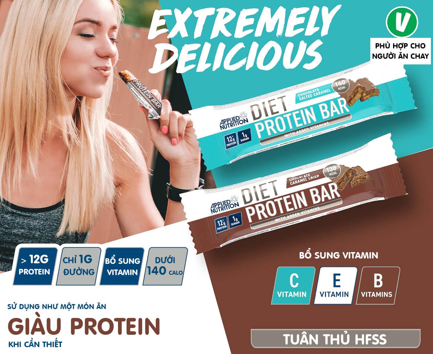 Giới thiệu về bánh Ăn Kiêng Applied Nutrition Diet Protein Bar 45g với lượng đường chỉ 1g
