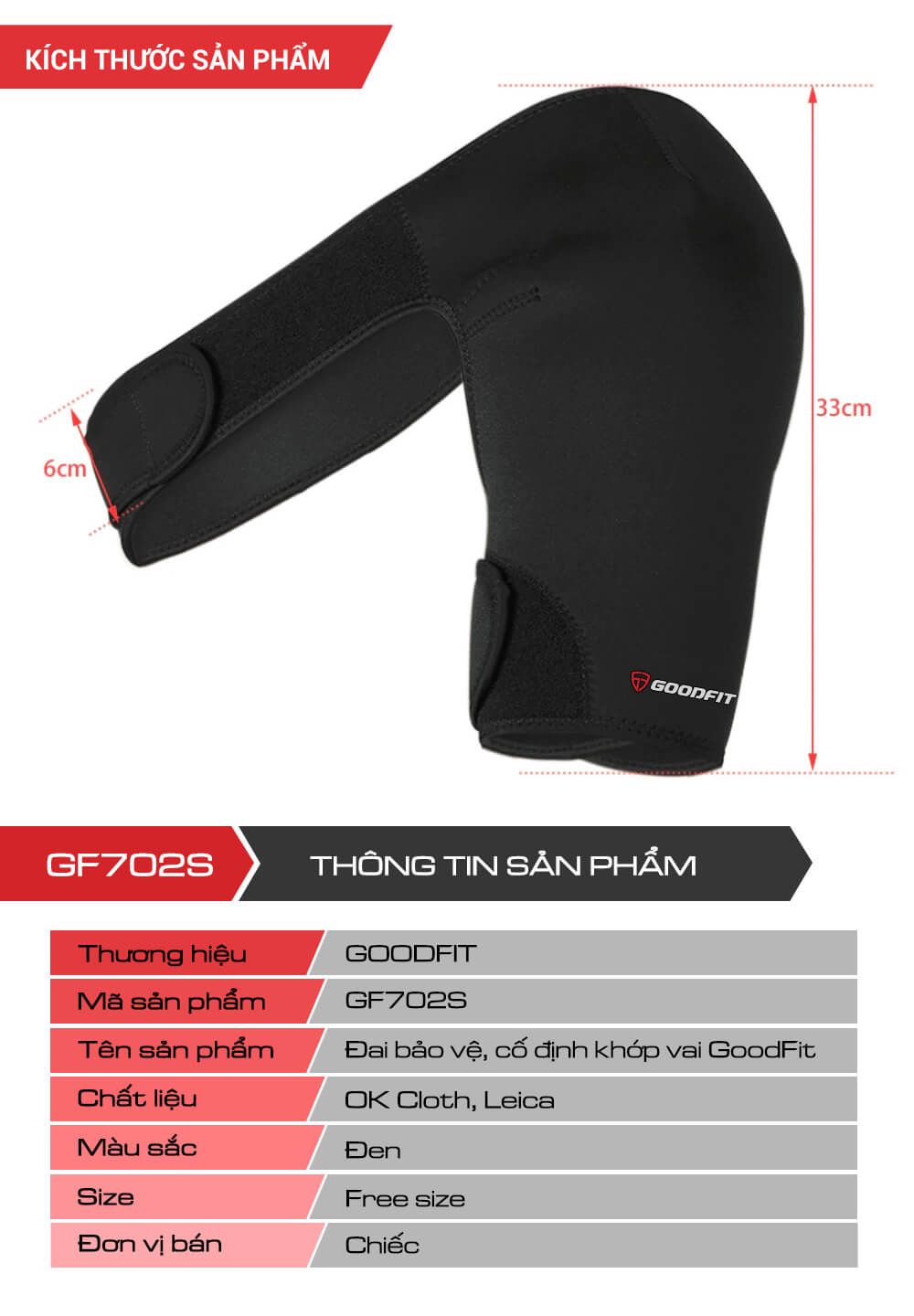 Thông số kỹ thuật Đai bảo vệ cố định khớp vai chính hãng GoodFit GF702S