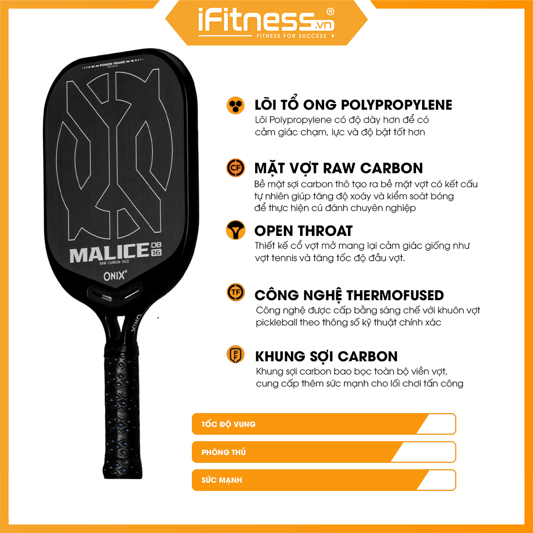 Vợt Pickleball Chuyên Nghiệp Onix MALICE DB, Raw Carbon 14mm & 16mm