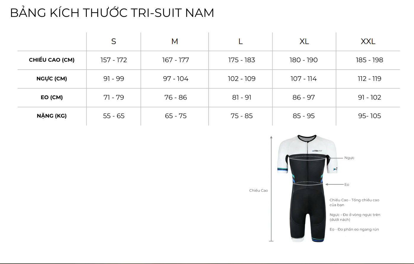 Thông tin kích thước Bộ Quần Áo Ba Môn Phối Hợp Evo 2.3 Men's Triathlon Suit cho Nam