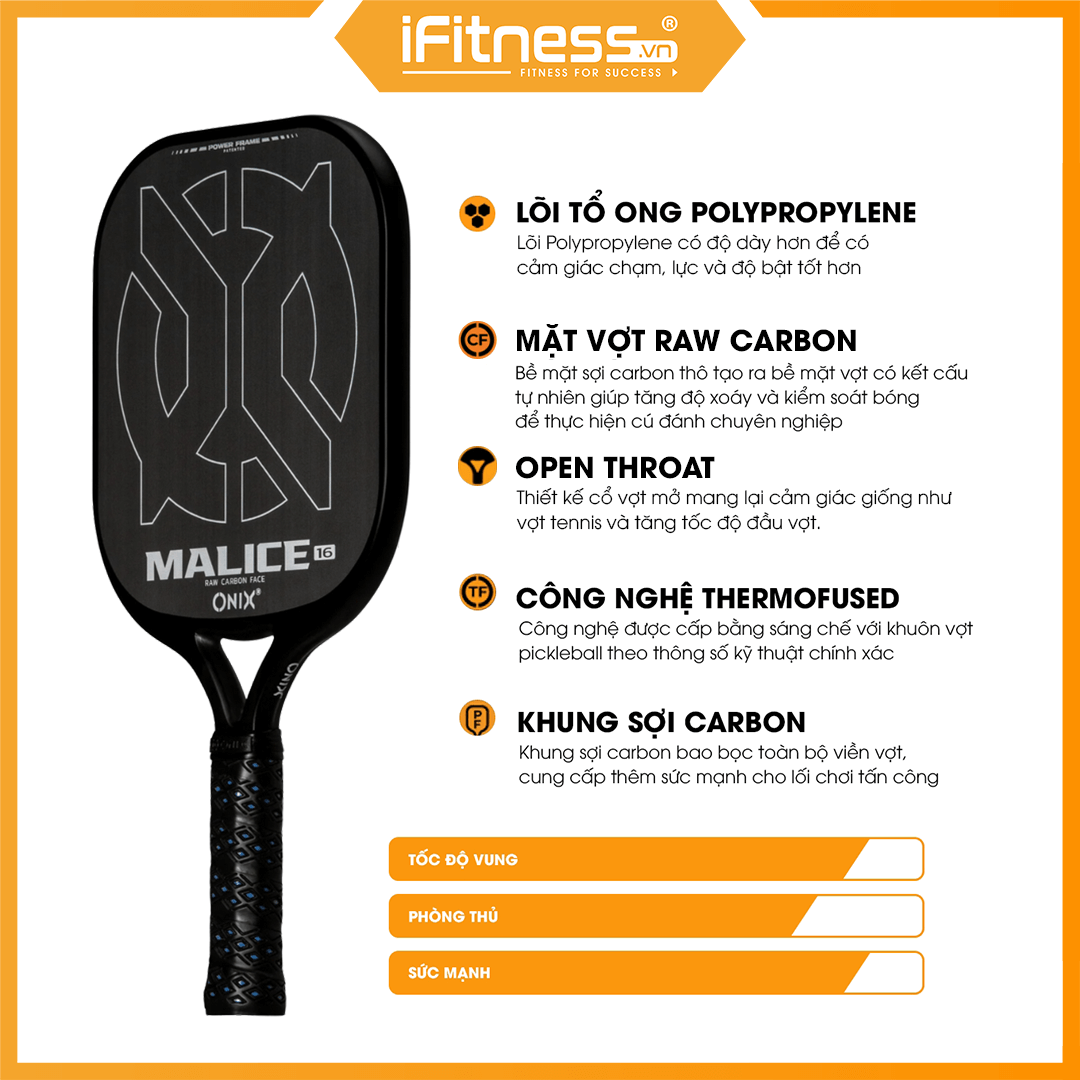 Vợt Pickleball MALICE OPEN THROAT Raw Carbon 14mm & 16mm
