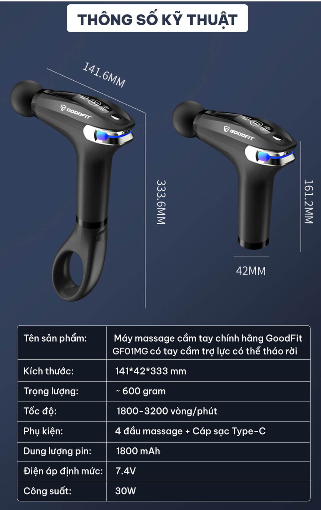 Máy massage cầm tay chính hãng GOODFIT GF01MG có tay cầm trợ lực có thể tháo rời