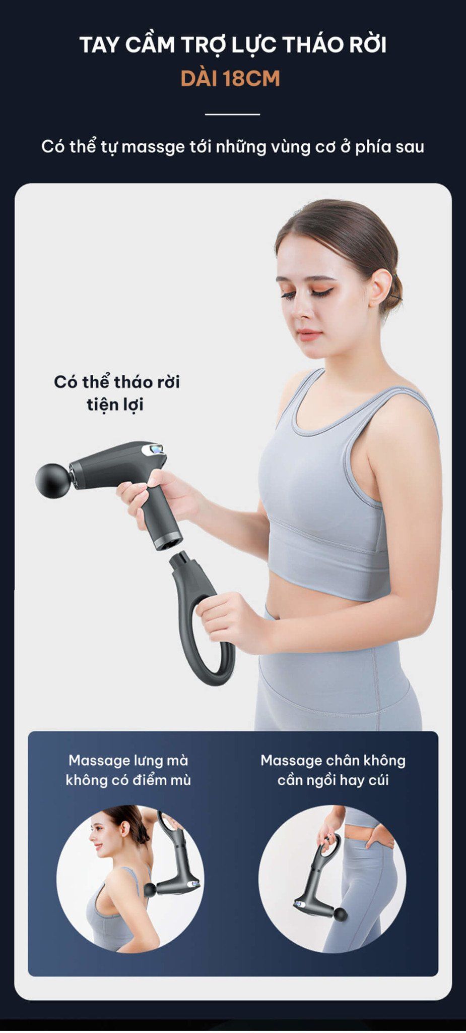 Máy massage cầm tay chính hãng GOODFIT GF01MG có tay cầm trợ lực có thể tháo rời
