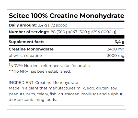 Thành phần dinh dưỡng Sữa Tăng Sức Mạnh Sức Bền 100% Creatine Monohydrate Scitec Nutrition 300G (88 Serving)