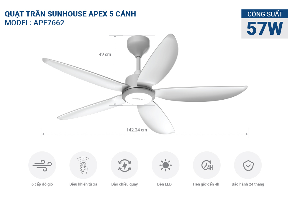 QUẠT TRẦN SUNHOUSE APEX 5 CÁNH APF7663