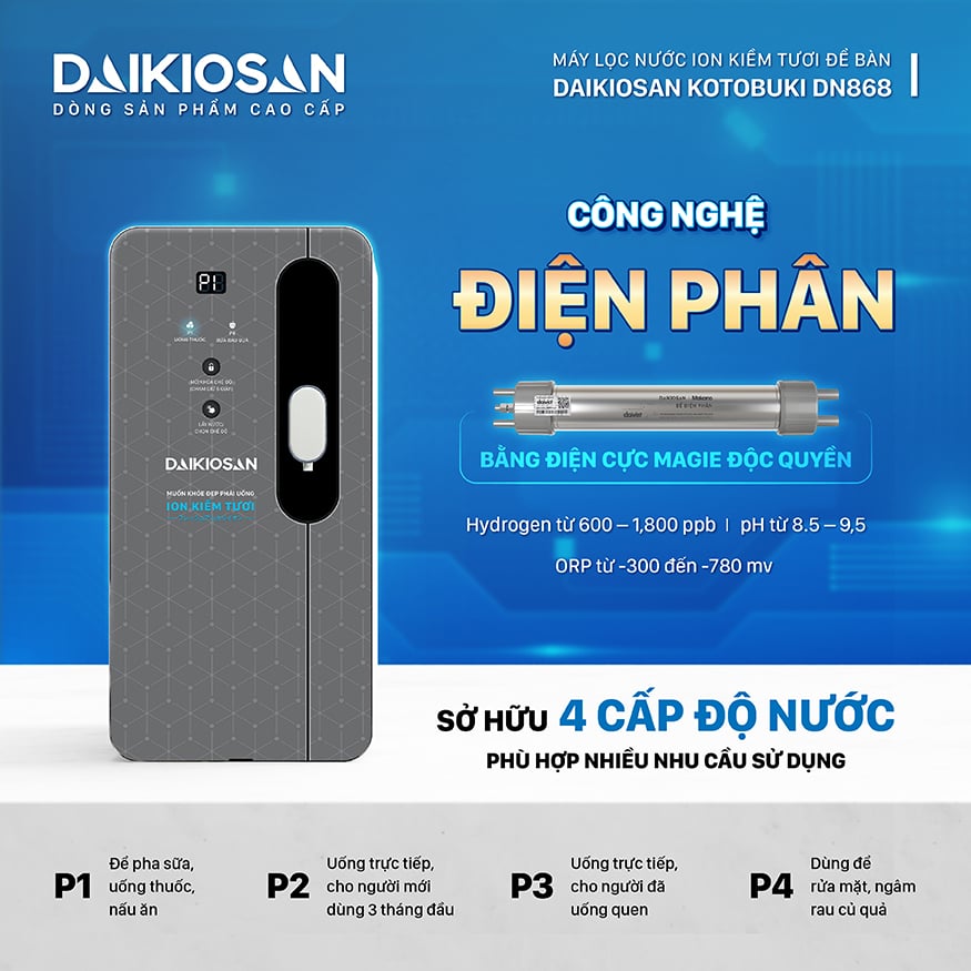 Máy lọc nước ion kiềm tươi để bàn Daikiosan DN868 (dòng Kotobuki)