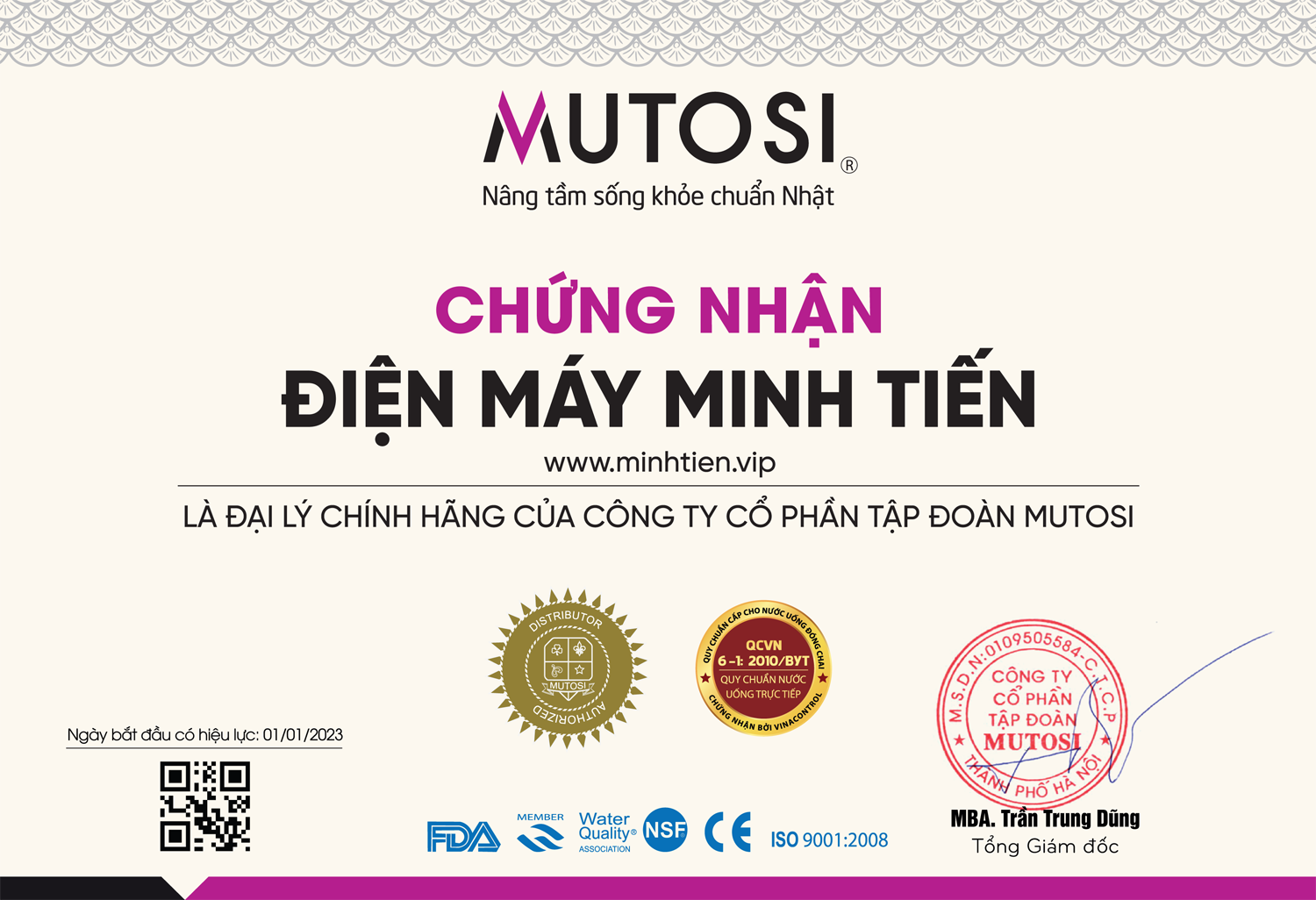 Giấy chứng nhận đại lý chính thức Mutosi