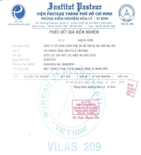 giấy chứng nhận chất lượng máy lọc nước fujie
