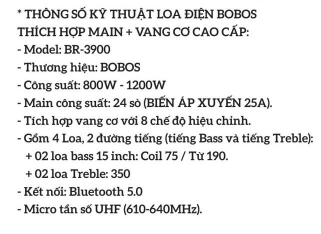 Loa điện karaoke Bobos BR-3900 thông số kỹ thuật