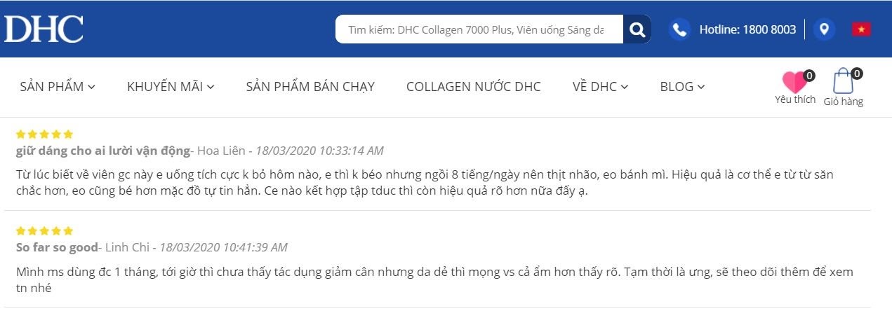 Review của khách hàng về DHC giảm cân dầu dừa trên website chính thức của Bestme