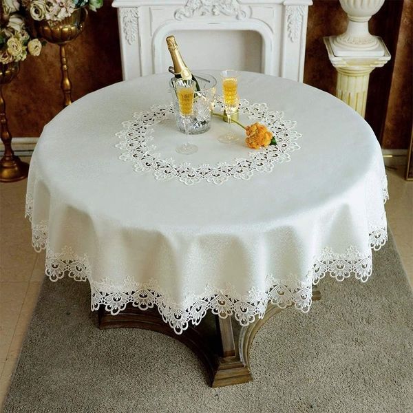 Khăn trải bàn ăn Equilhome hình tròn chất liệu gấm cao cấp phối ren đường kính 150, 190rd - EQ384