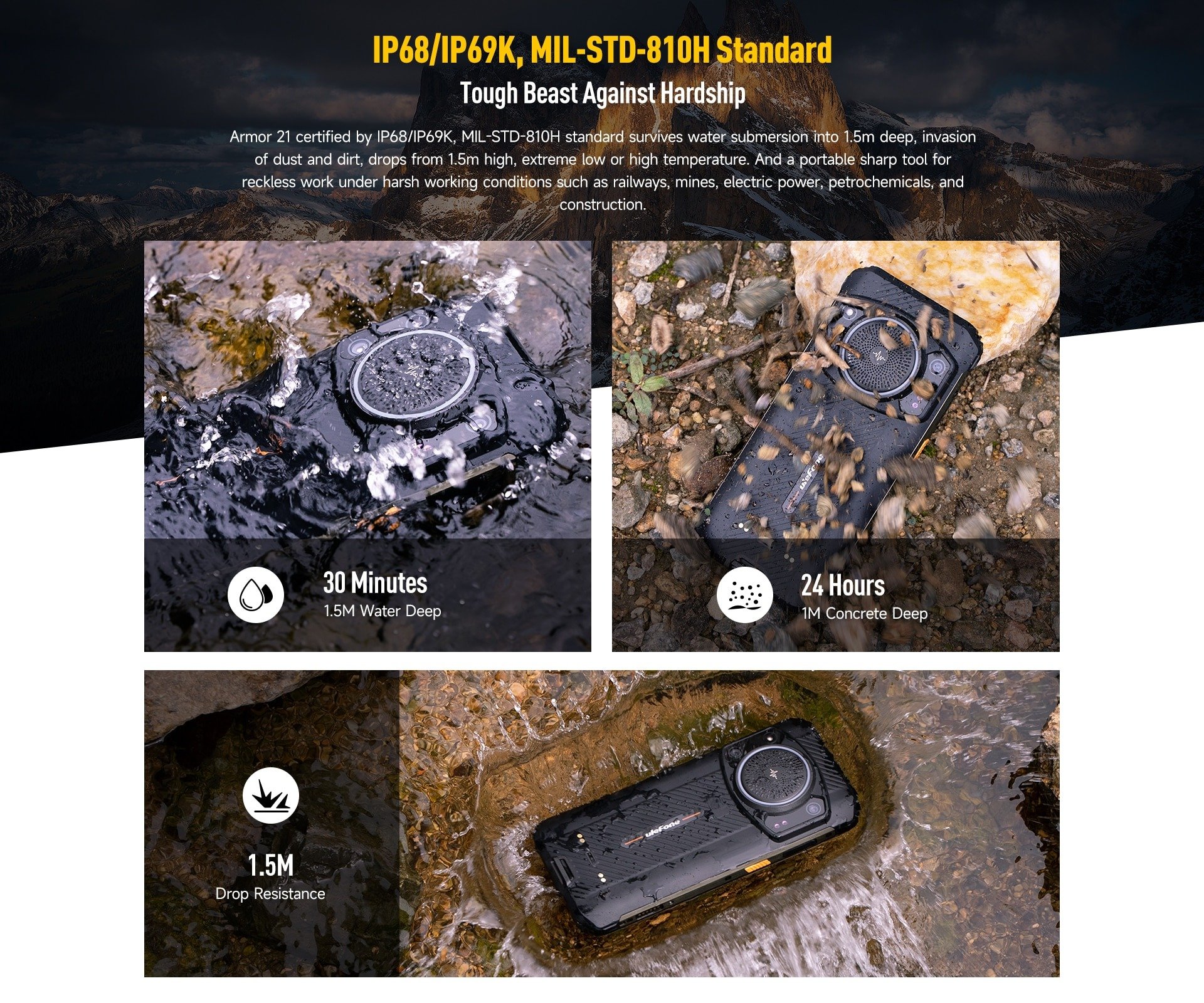 Tiêu chuẩn IP68/IP69K, MIL-STD-810H trên Ulefone Armor 21 - SaiGonPhone
