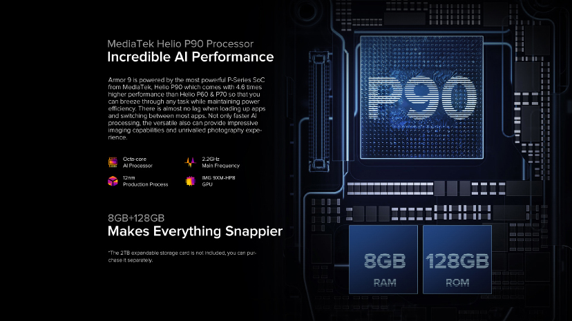 TRÁI TIM CỦA ARMOR 9 LÀ BỘ XỬ LÝ CPU 8 NHÂN CÙNG CHIP HELIO P90 SIÊU TỐC KẾT HỢP VỚI BỘ NHỚ 128GB.