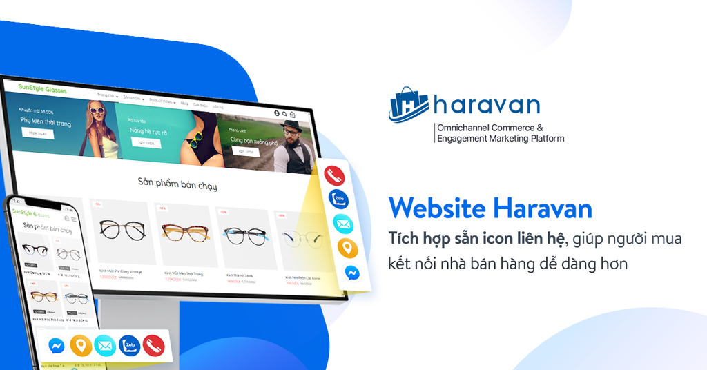 Website Haravan tích hợp sẵn icon liên hệ, giúp người mua kết nối nhà bán hàng dễ dàng hơn