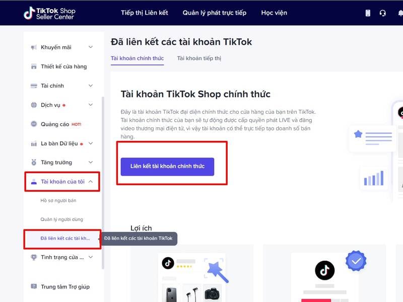 Liên kết tài khoản TikTok cá nhân với tài khoản TikTok Shop