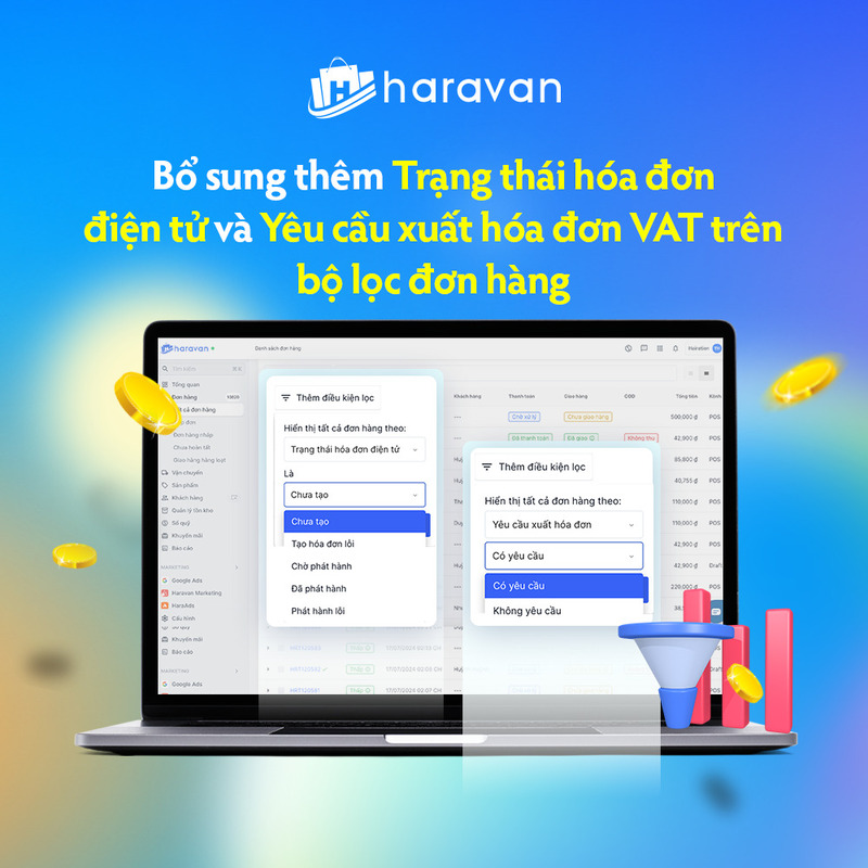 Bổ sung thêm Trạng thái hóa đơn điện tử và Yêu cầu xuất hóa đơn VAT trên bộ lọc đơn hàng