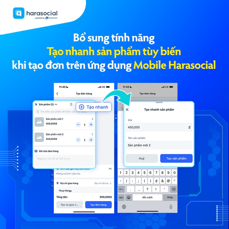 Bổ sung tính năng Tạo nhanh sản phẩm tùy biến khi tạo đơn trên ứng dụng Mobile Harasocial