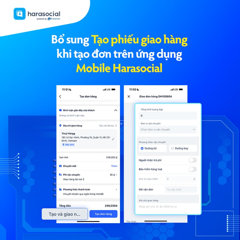 Bổ sung tạo phiếu giao hàng khi tạo đơn trên ứng dụng Mobile Harasocial