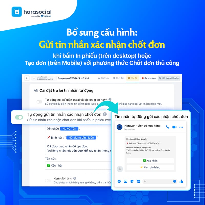 Bổ sung cấu hình: Gửi tin nhắn xác nhận chốt đơn khi bấm In phiếu (trên desktop) hoặc Tạo đơn (trên Mobile) với phương thức Chốt đơn thủ công