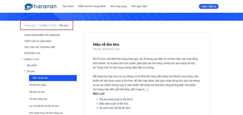 Breadcrumb tại trang support.haravan.com