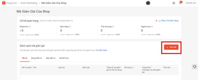 Nhấn để tạo mã giảm giá mới cho shop trên Shopee