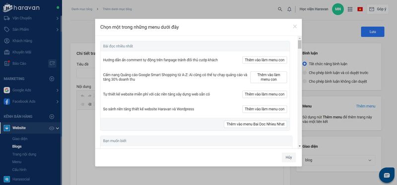 Hướng dẫn thêm danh mục blog vào menu trên website Haravan