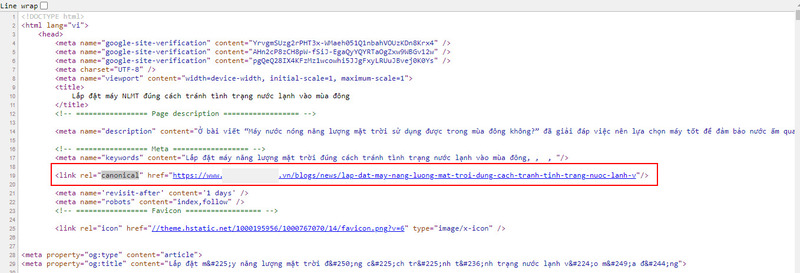 Xem nguồn trang để kiểm tra thẻ Canonical đã thiết lập cho website