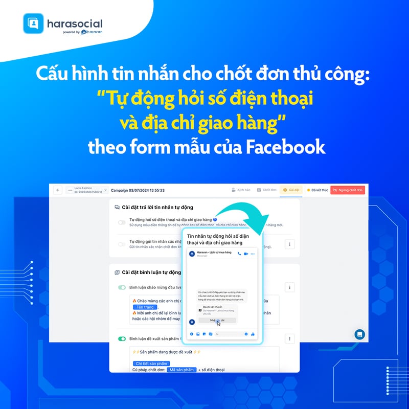 Cấu hình tin nhắn cho chốt đơn thủ công: “Tự động hỏi số điện thoại và địa chỉ giao hàng” theo form mẫu của Facebook