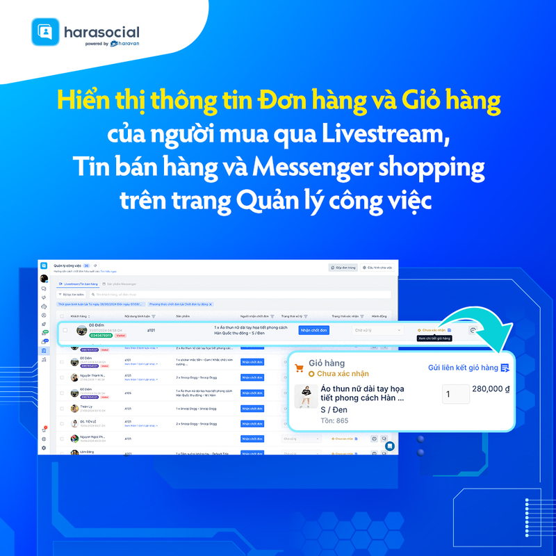 Hiển thị thông tin Đơn hàng và Giỏ hàng của người mua qua Livestream, Tin bán hàng và Messenger shopping trên trang Quản lý công việc