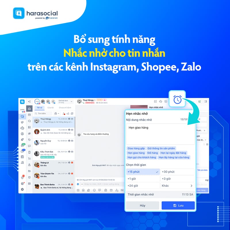 Bổ sung tính năng Nhắc nhở cho tin nhắn trên các kênh Instagram, Shopee, Zalo