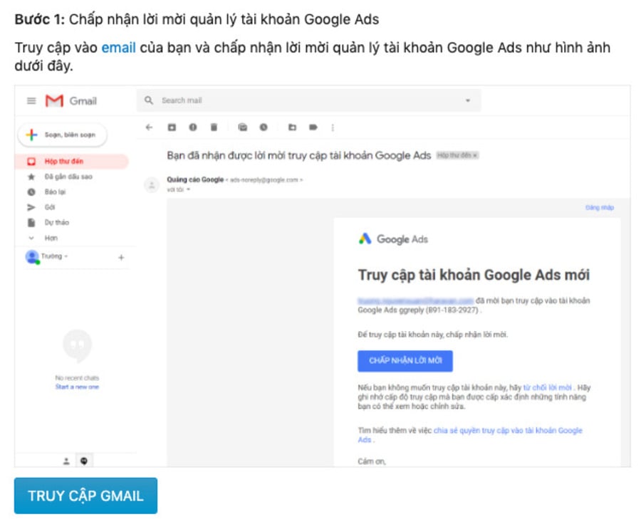 Chấp nhận lời mời quản lý tài khoản Google Ads tại email đã đăng ký GMC