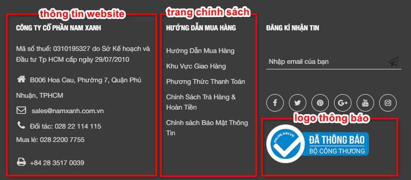 Các trang chính sách cần có khi đăng ký Bộ Công Thương