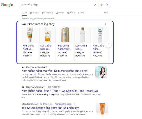 google shopping hiển thị trên top tìm kiếm