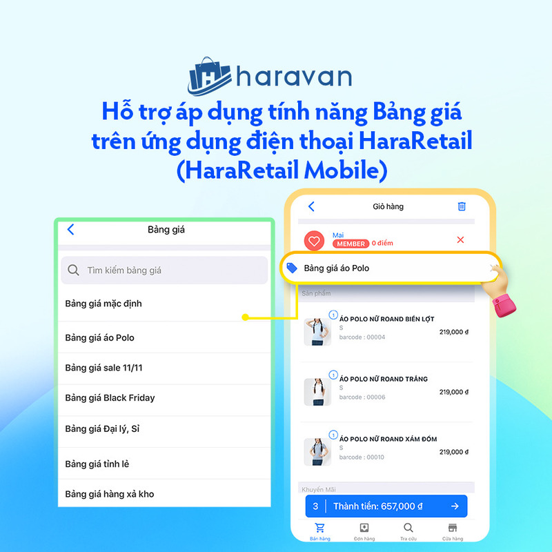 Hỗ trợ áp dụng tính năng Bảng giá trên ứng dụng điện thoại HaraRetail (HaraRetail Mobile)